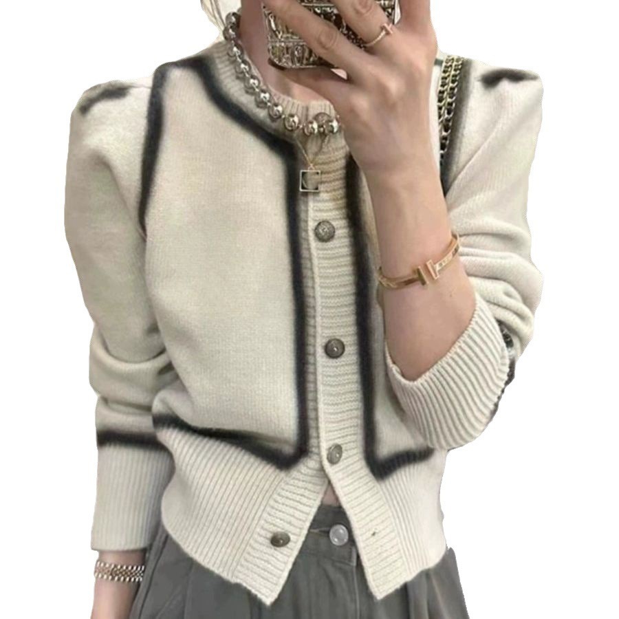 ニットカーディガン ショート丈 スタイルアップ コントラスト 韓国 レディース オルチャン ニット 長袖 トップス 可愛い 個性的 大人 かっこいい きれいめ 高級感 高見え おしゃれ