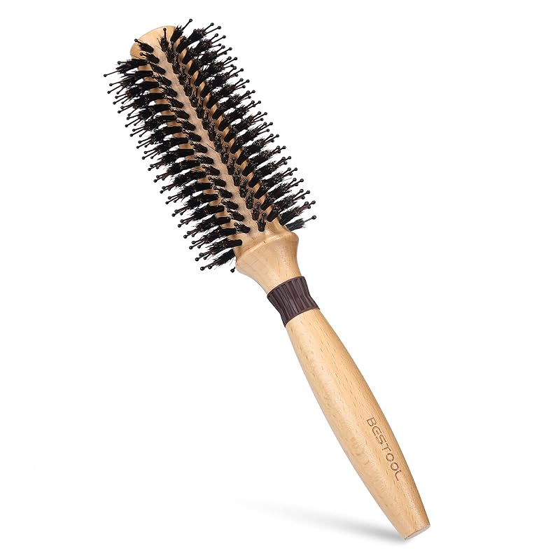 BESTOOL 豚毛 ロールブラシ カールブラシ ブローブラシ ヘアブラシ くし 木製 櫛 ヘアケア レディース メンズ 巻き髪 耐熱 人気 艶髪 (M)