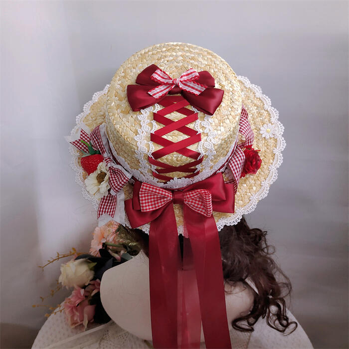 【急速出荷】甘ロリータ 麦わら帽子 カンカン帽 春夏 ハンドメイド 日焼け防止 森ガール レディース 海 ビーチ ロリィタ ロリータ 帽子 リボン イチゴ柄 苺 カントリー風 おしゃれ ス