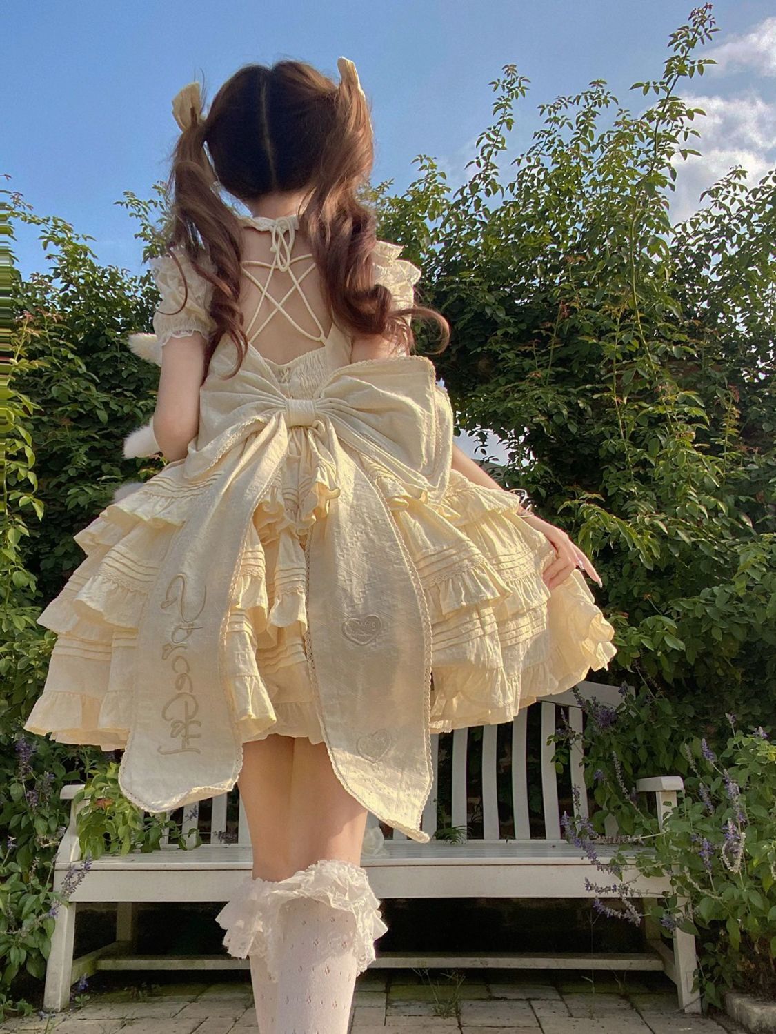 クリームイエローバックビッグボウノットロリータドレスPドレスロリータプリンセスドレス