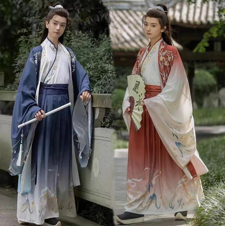 品質良い!店舗お勧め!メンズ 漢服 3点セット 中華コスプレ衣装 ロング丈羽織付き グラデーション おしゃれなチャイナ服 男性 女性 中国古代服装 　交差襟 エスニック花柄 華流 コスプレ衣装 中華時