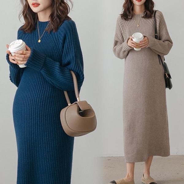 マタニティ ニット ワンピース ロング セーター マキシ丈 マタニティウェア ニットワンピース ウェア 妊婦服 長袖 レディース 無地1