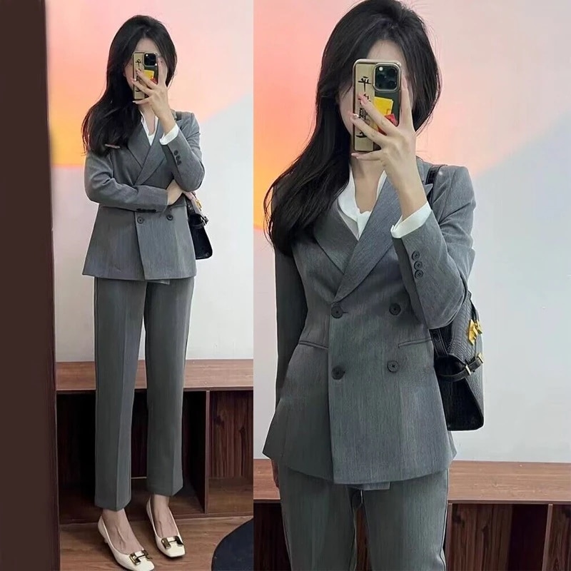 ハイエンドのカスタマイズ-グレースーツ スーツ女性感2025新作大学生カジュアルスーツジャケットワイドレッグパンツ2点セット