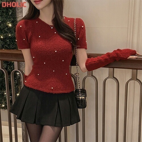 [メガ割りSALE]アームウォーマー付エコパールペプラム半袖ニット