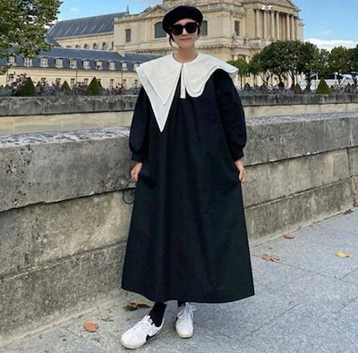 Qoo10] ビッグ襟付きボリュームワンピース 膝下