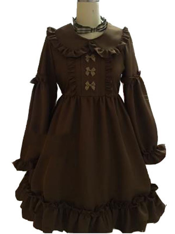 【全店任意2枚購入で100円OFF】クラシックロリータドレスOPフリルボウチョコレートロングスリーブロリータワンピースドレス