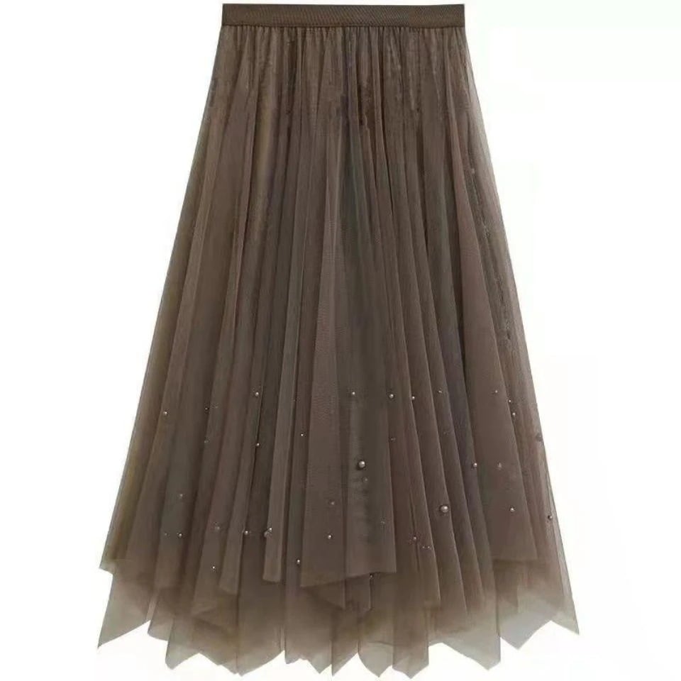 ベルベットありベルベットなしメッシュスカート イレギュラーミドル丈ハイウエストAラインアンブレラスカート