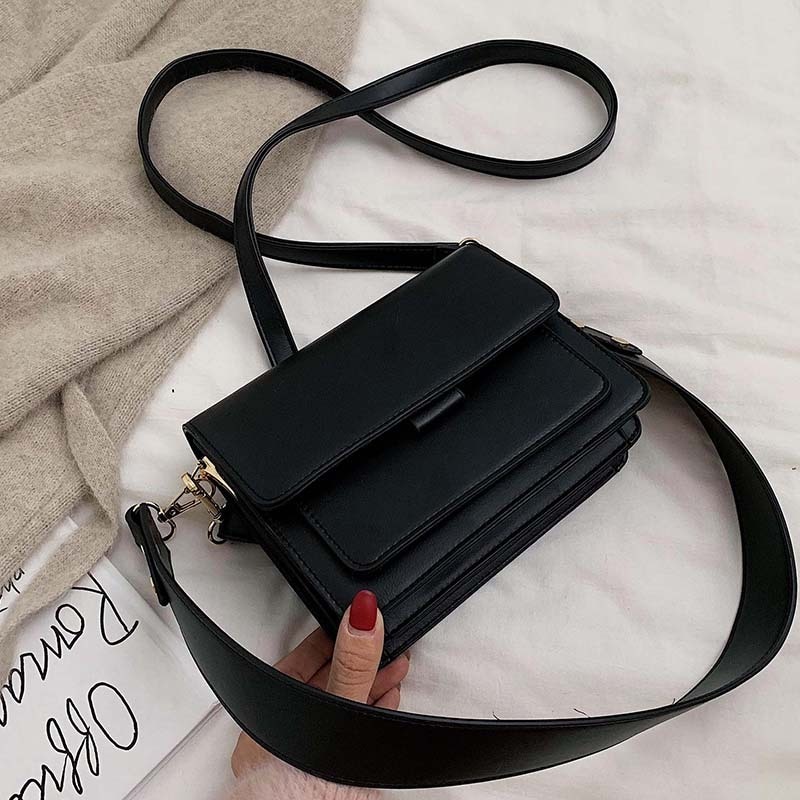 バッグ カバン 鞄 bag レディースバック ショルダーバッグ 収納 スクエア型 四角 ショルダー ストラップ バックル 合皮 PU こなれ感 クール とろみ感 個性的 ブラック ブルー ブラウン