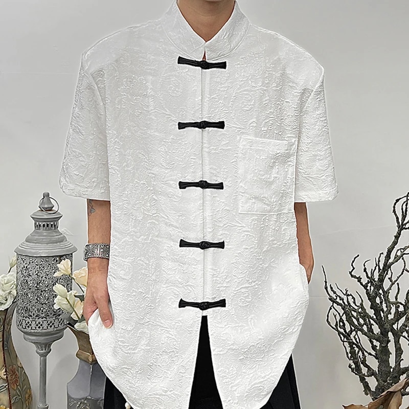 チャイナ風シャツ メンズ 半袖 ジャガード トップス ユニセックス スタンドカラー レディース 黒/白 男女兼用 ストリート系