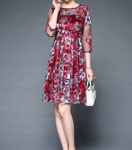 1170．花柄七分袖ワンピース（レッド）