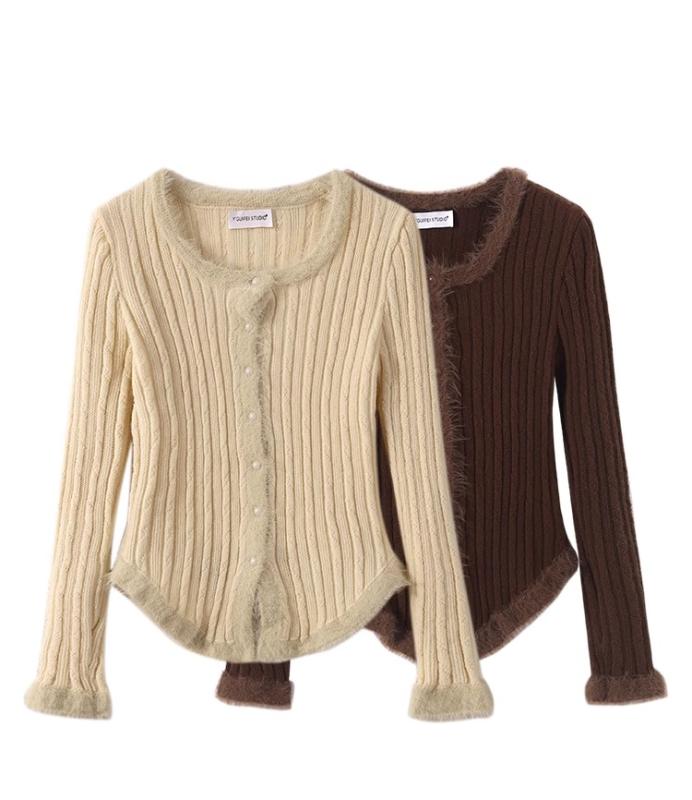 レディース トップス セーター パーカー オシャレ 韓国 スタイル カワイイ カジュアル カーディガン 長袖 ニット 秋 冬 春 インナー デザイン ルーズ フレンチ ステッチ エッジデザイン スリム