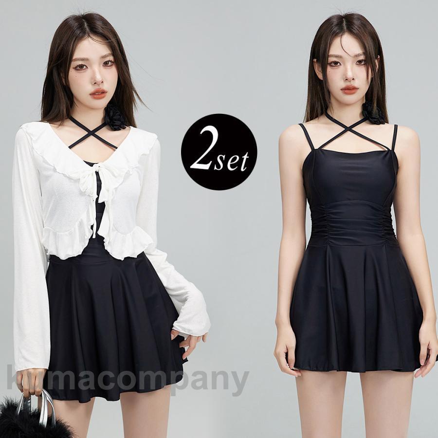 夏 水着 体型カバー ワンピース オールインワン ボレロ 2点セット レディース 2way 長袖 トップス フリル フロントクロス ウエストマーク