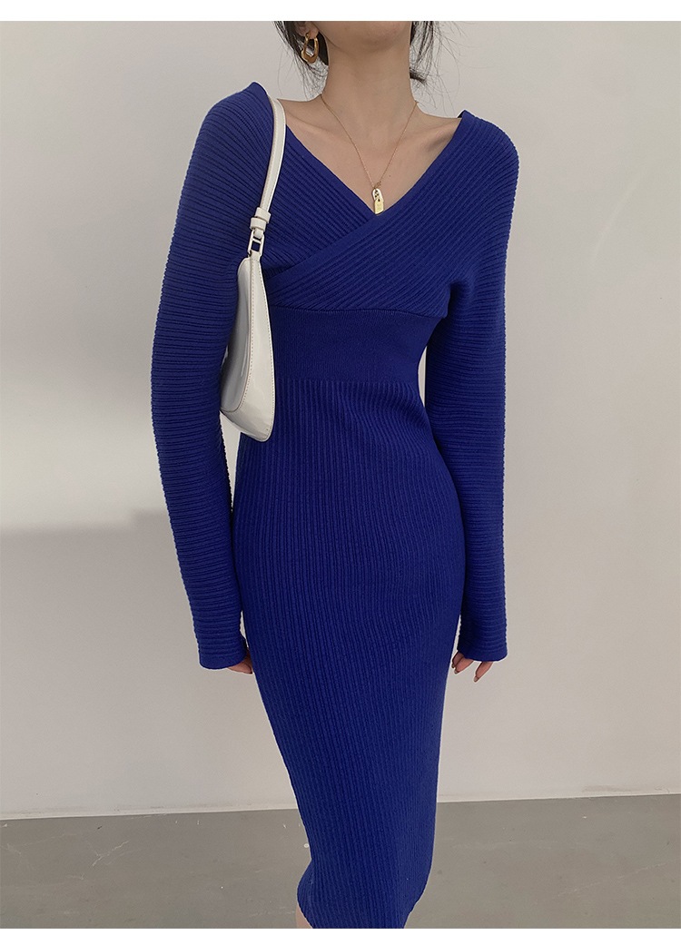 レディース ファッション V ネック ニット ドレス 女性 秋 冬 ミッドレングス ボトムス スカート ブルー ＳＭＬ かわいい 大人可愛い きれいめ シンプル カジュアル 大人 上品 おしゃれ
