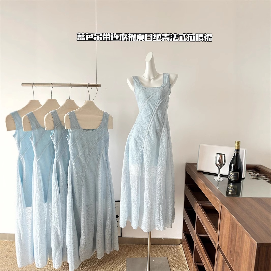 【急速出荷】青いレースのキャミソールワンピースの日フレンチ腰締めリゾート海辺ロングスカート 4,969円