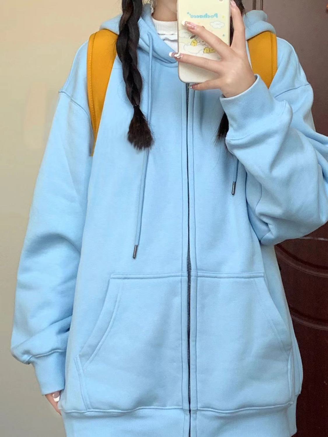 春と秋の薄いドーパミンシーソルトブルーフード付きスウェットシャツレディースカレッジスタイルルーズカジュアルスリムジッパージャケット