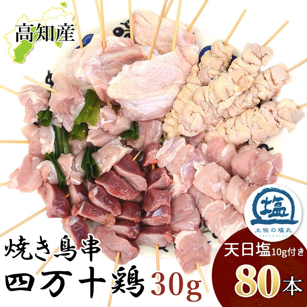 焼き鳥 四万十鶏 オススメ 80本 セット 30g(16本×5種) 土佐の塩丸 天日塩付き 鳥肉 四万十鳥 国産 鶏肉 串 串焼き 焼き鳥串 焼鳥 やきとり 高知産 冷凍便 ヤマト発送