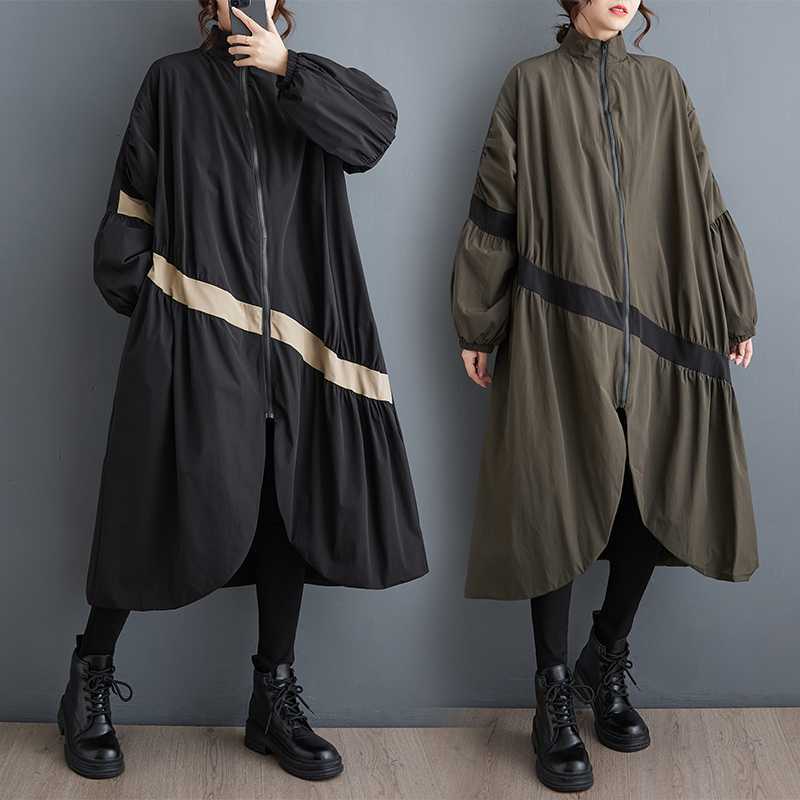 「ファットガール」 2024秋新品 ファスナー ロングコート ドッキング色 大きいサイズ 体型カバー レディース アウター メガ割30%までに制限