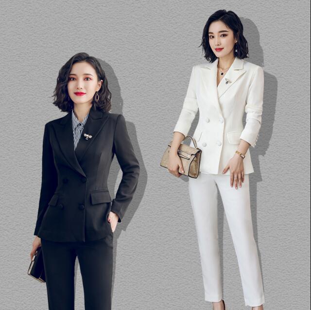 数量限定 2色 白/黒 上品 2つボタン ダブルボタンスーツ 無地スーツ 折り襟 ビジネススーツ 3点セット ジャケット＋シャツ+パンツ ブラウス スリムスーツ スリーピース レディーススーツ S～3