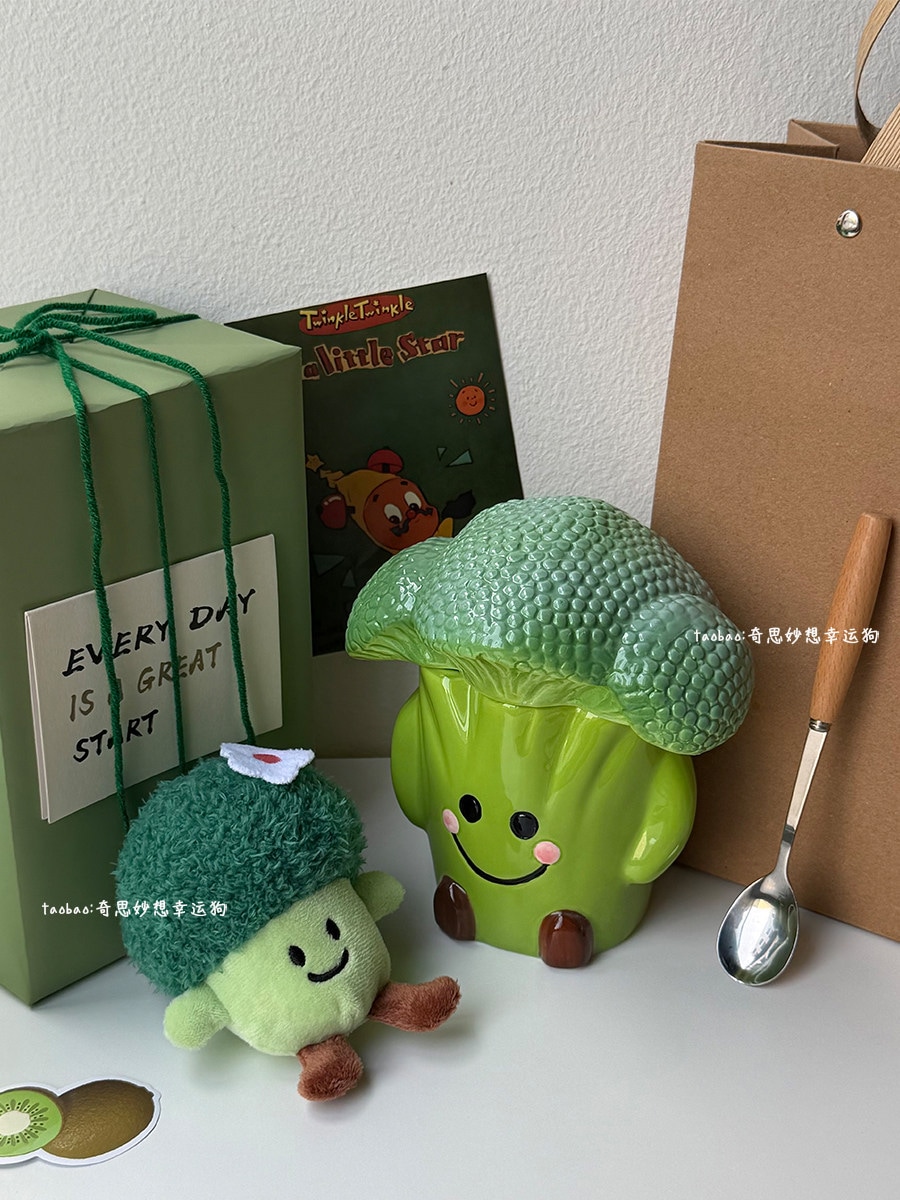 可愛くて面白いセラミック製ブロッコリーマグカップ蓋とスプーン付き親友への誕生日プレゼントになドリンクカップ