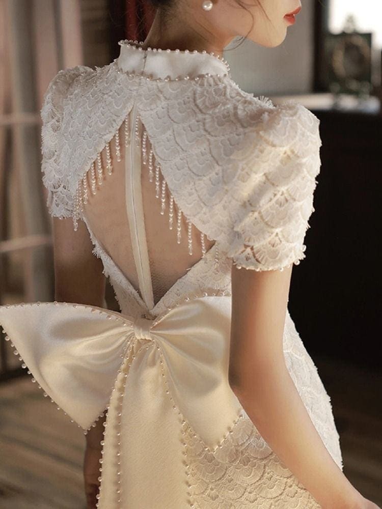 チャイナドレス 乾杯服 花嫁 式婚約ドレス バックドアコレクション証明書登録 小さな白いドレス レディース