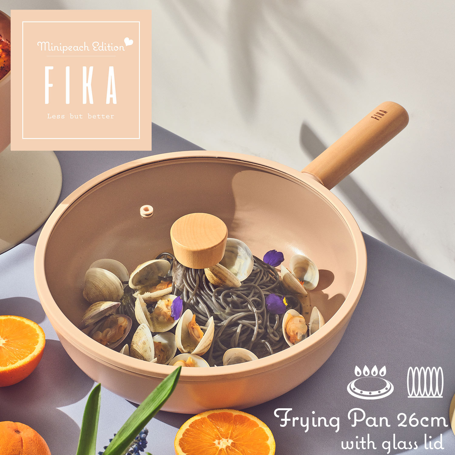 【FIKA公式店】FIKA ピーチピンク フライパン 26cm 深型 専用ガラス蓋付き セラミック くっつかない 木製ハンドル IH 対応 ガス コンロ 対応 韓国ブランド おしゃれ 可愛い 綺麗 北