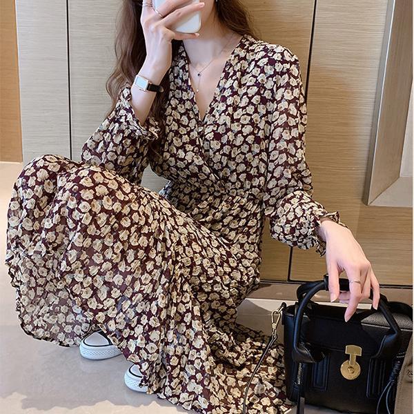 ワンピース レディース 40代 きれいめ マキシワンピース 春秋 長袖ワンピース Vネック 花柄 Aラインスカート オシャレ大人 着痩せドレス ゆったり 30代 5,265円