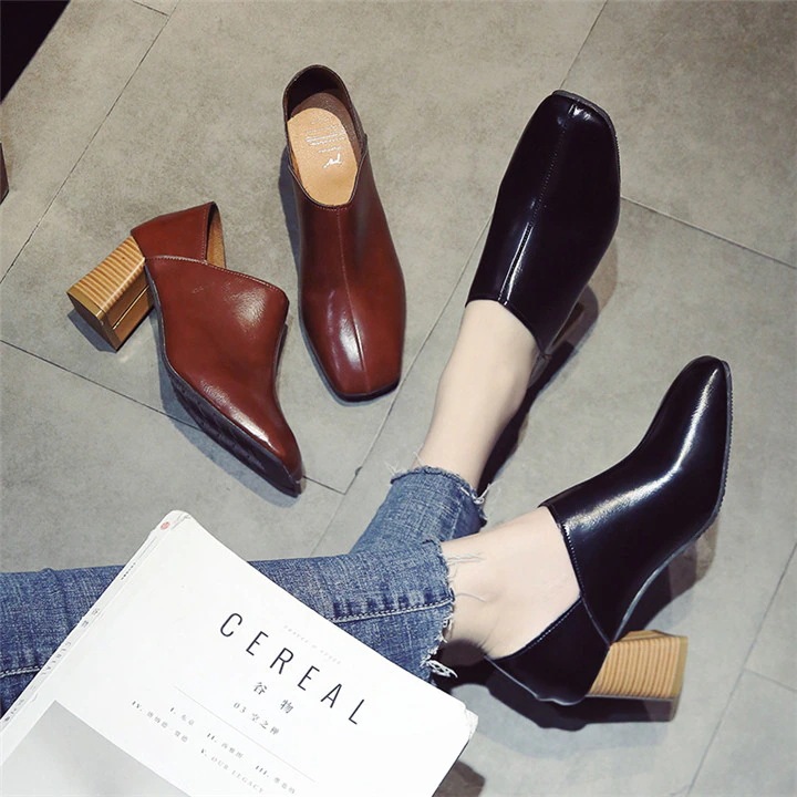 INS熱い販売 高品質初秋新作！スクエアヘッドシューズ 太いヒール ワイルド レトロ シングルシューズ ミドルヒール 女性用シューズ ハイヒール ツーウェア