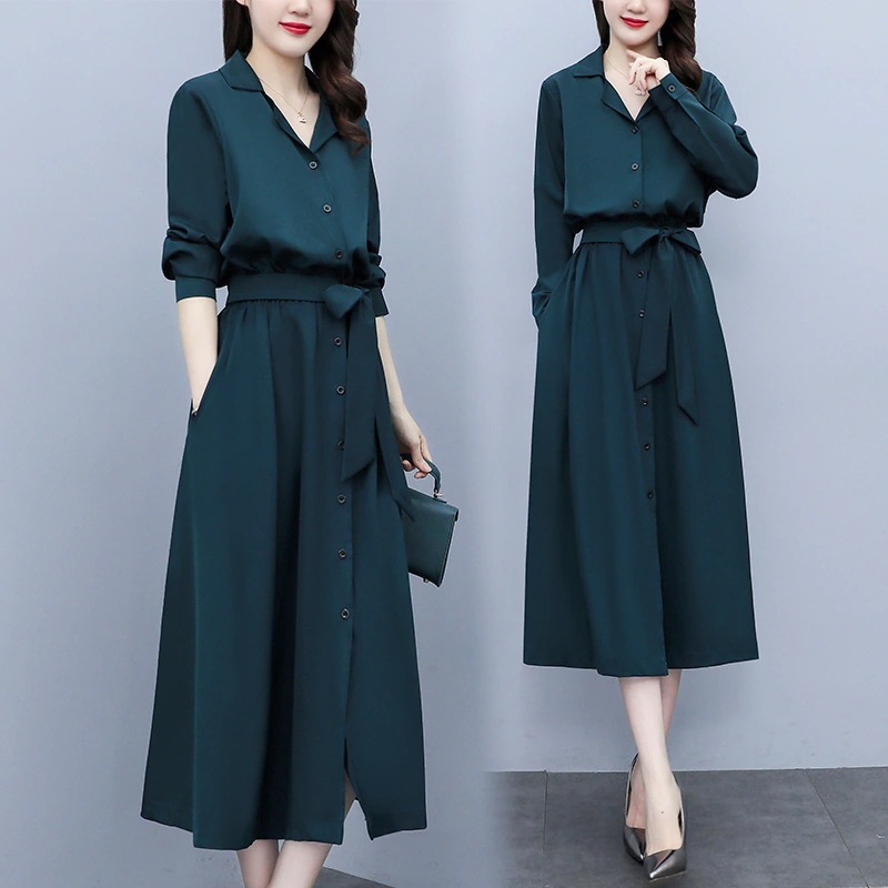 ワンピース シャツワンピ ロングスカート フレアワンピース ワンピドレス ミモレ ミモレ丈 テーラードカラー ロング ロング丈 袖あり 長袖 Vネック 襟付き Aライン リボン ウエストリボン