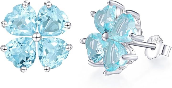 幸運四つ葉のクローバー 女性 6.4ct 3月誕生石アクアマリン 925純銀製 シルバー ピアス K18コーティング 金属アレルギー対応 (3月 誕生石 アクアマリン)