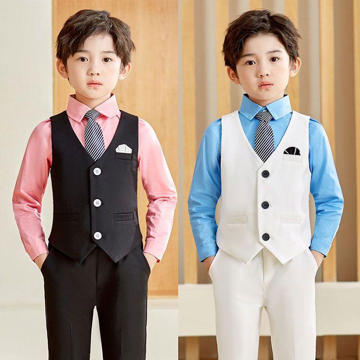 【急速出荷!】スーツ 男の子 入学式 卒業式 4点セット (ベスト パンツ シャツ ネクタイ) 無地 90 100 110 120 130 140 150 160 170cm 子供スーツ キッズ ジュ
