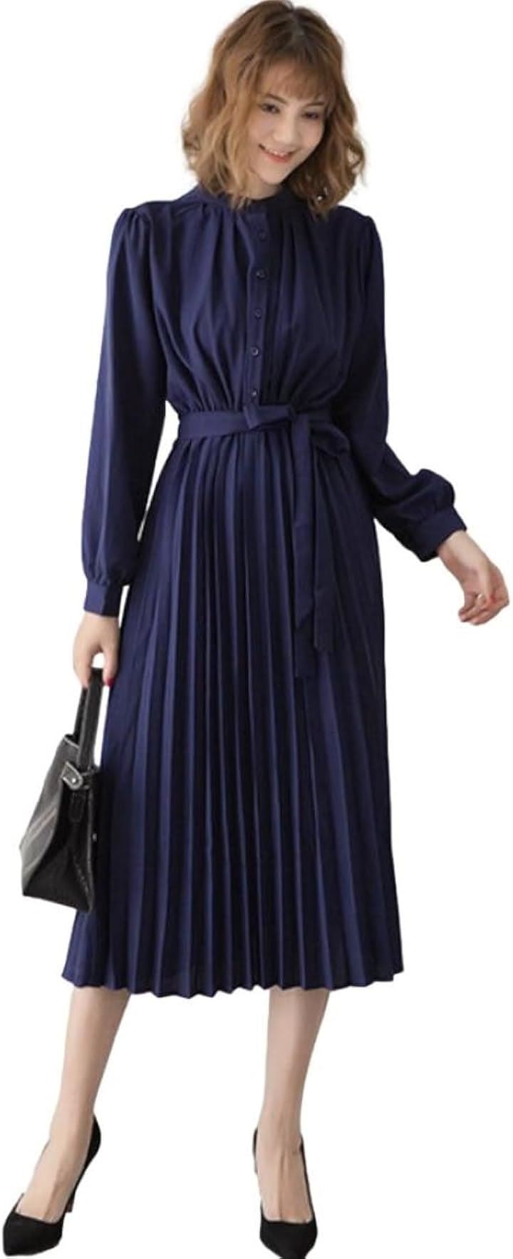 ブルーベリル シフォンワンピース ロング プリーツ レディース 長袖 ハイウエスト ウエストリボン フレア 春 秋 BB054(ネイビー, XL)