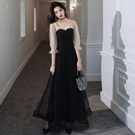 パーティードレス ロング ドレス 黒 袖あり バイカラー おしゃれ 大きいサイズ 演奏会 結婚式 ドレス 大人 ピアノ 発表会 フォーマル きれいめ 個性的 ブラックドレス イブニングドレス ロング丈