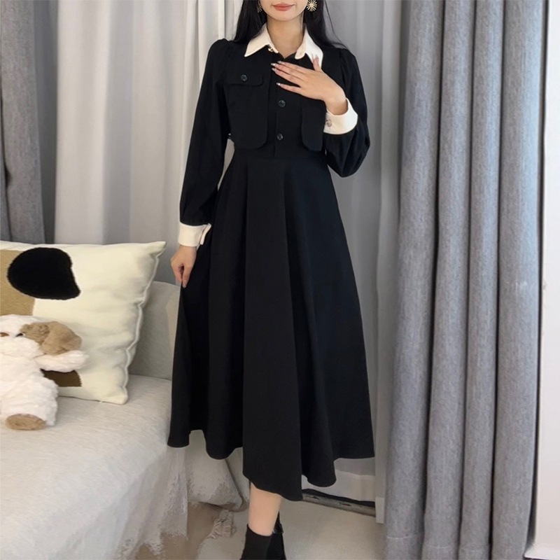女性のためのヘボン風黒長袖ドレス 5 秋冬ハイエンドフレンチスタイルミディスカート