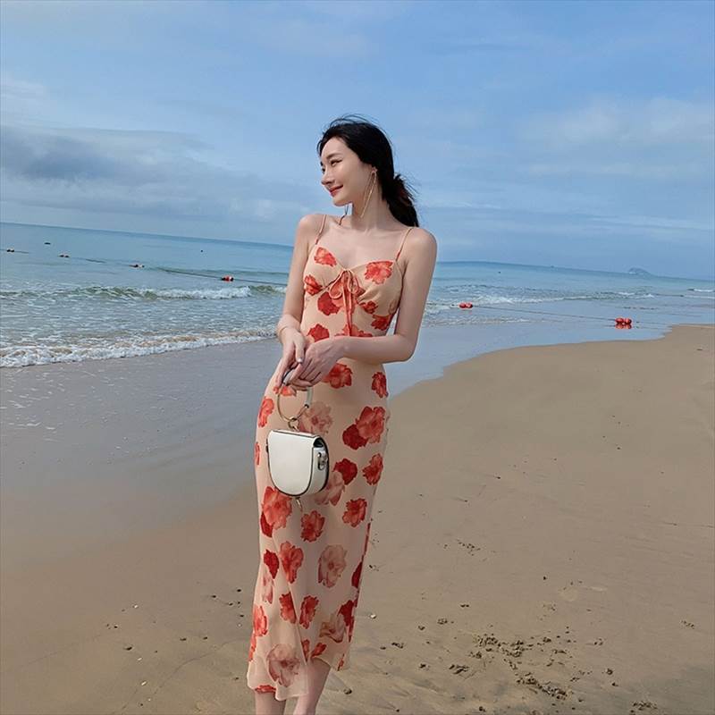 ドレス ワンピース ワンピドレス ミモレ丈 ノースリーブ Aライン リゾート 海 プール レディース 花柄 アプリコット きれいめ 華やか 大人可愛い ウエストマーク 大きいサイズ L XL 可愛い