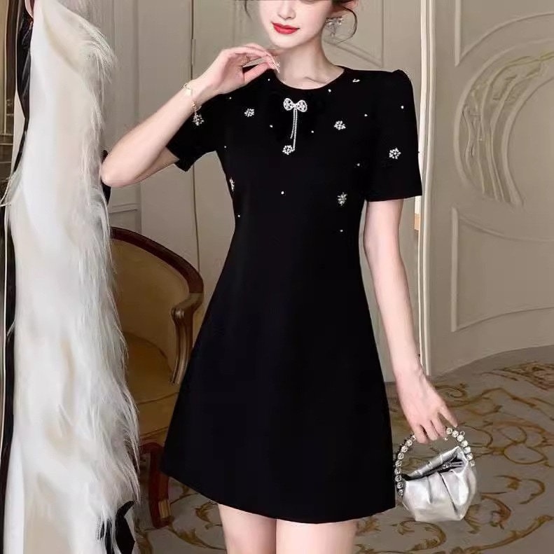 肖翔峰高級スリム黒スカートリボンラインストーンビーズ気質小ドレス夏