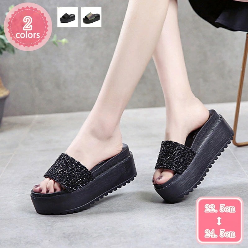 500円OFFクーポン 厚底サンダル サンダル 厚底 7cmヒール 光沢のあるレディース 疲れない 痛くない クッション ふわふわ ウェッジサンダル ミュール レディースサンダル ウエッジソール 黒