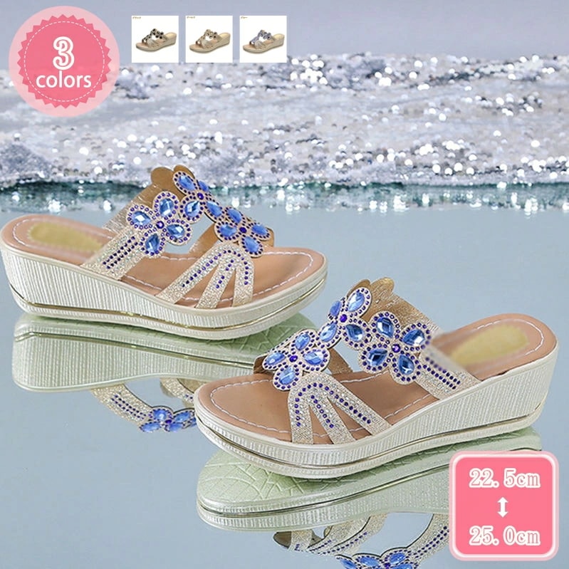 1000円OFFクーポン レディース サンダル おしゃれ 厚底ミュール ビジュー 美脚 厚底 ストーム ウェッジヒール ファッションサンダル 歩きやすい ウェッジミュールサンダル スリッパ キラキラ