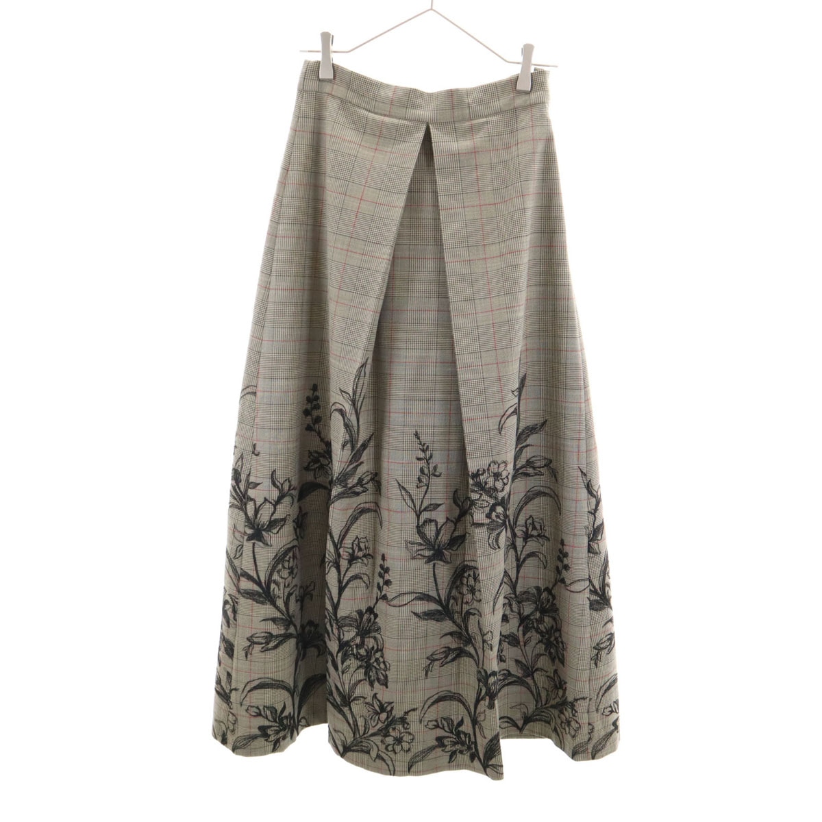 グレンチェック 花刺繍 ロング丈 フレアスカート M グレージュ レディース 古着