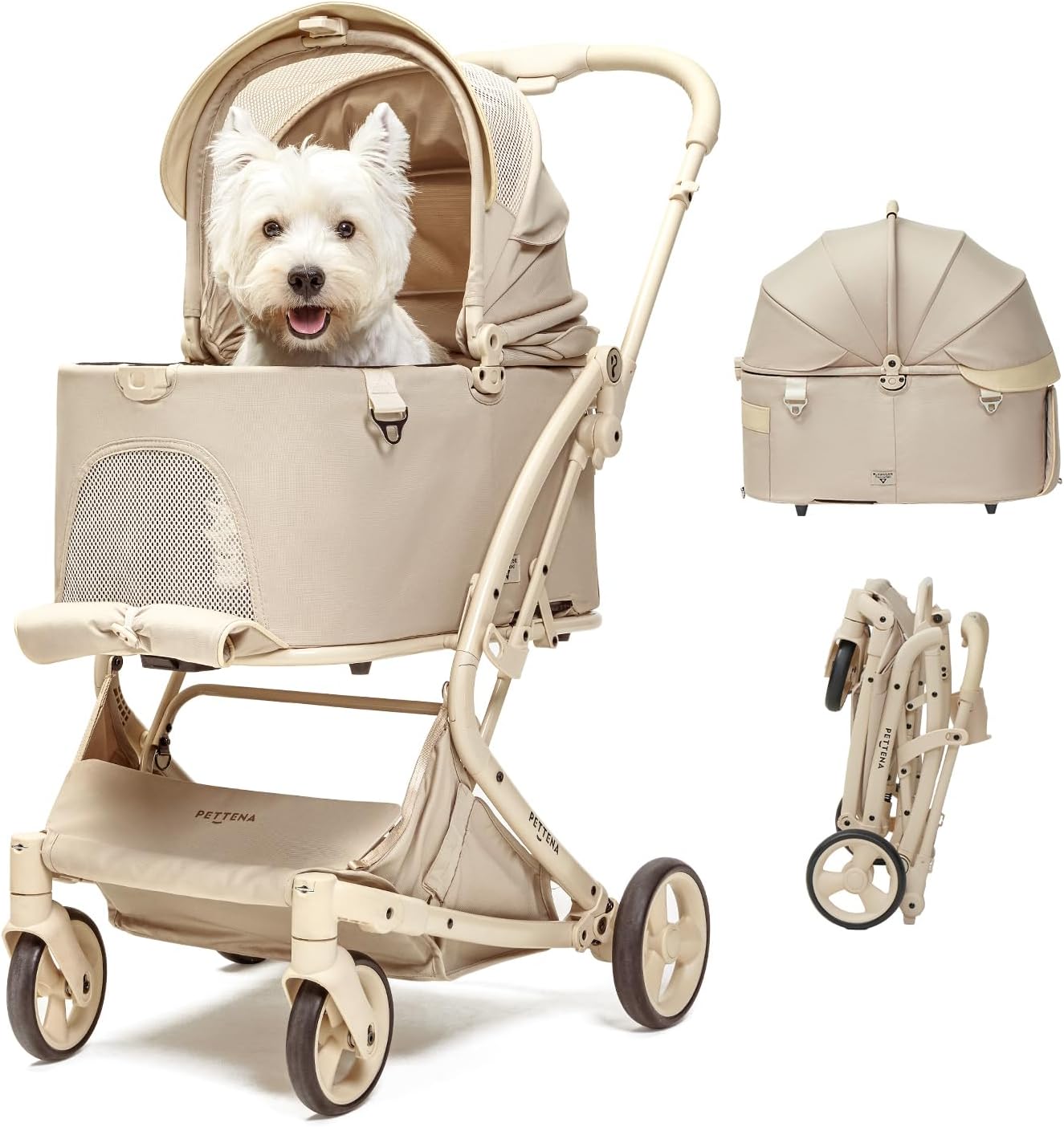 1秒折りたたみ可能な分離式ペットカート 耐荷重25kg 自立型 多頭対応 ベージュ