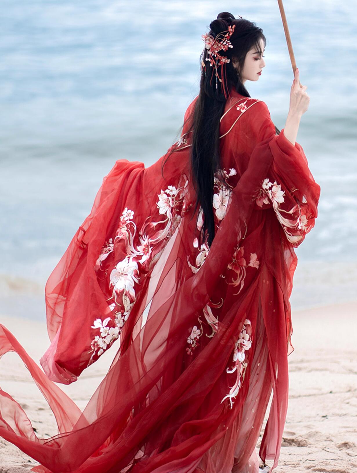 華やか漢服 中華コスプレ衣装 振り袖 引き裾 中国古代服装 九尾狐狸 刺しゅう コスプレ衣装 ワインレッド 姫様 中華衣裳 舞台 ステージ衣裳 演出 撮影 華流 仙女 妖精 コスチューム S M L