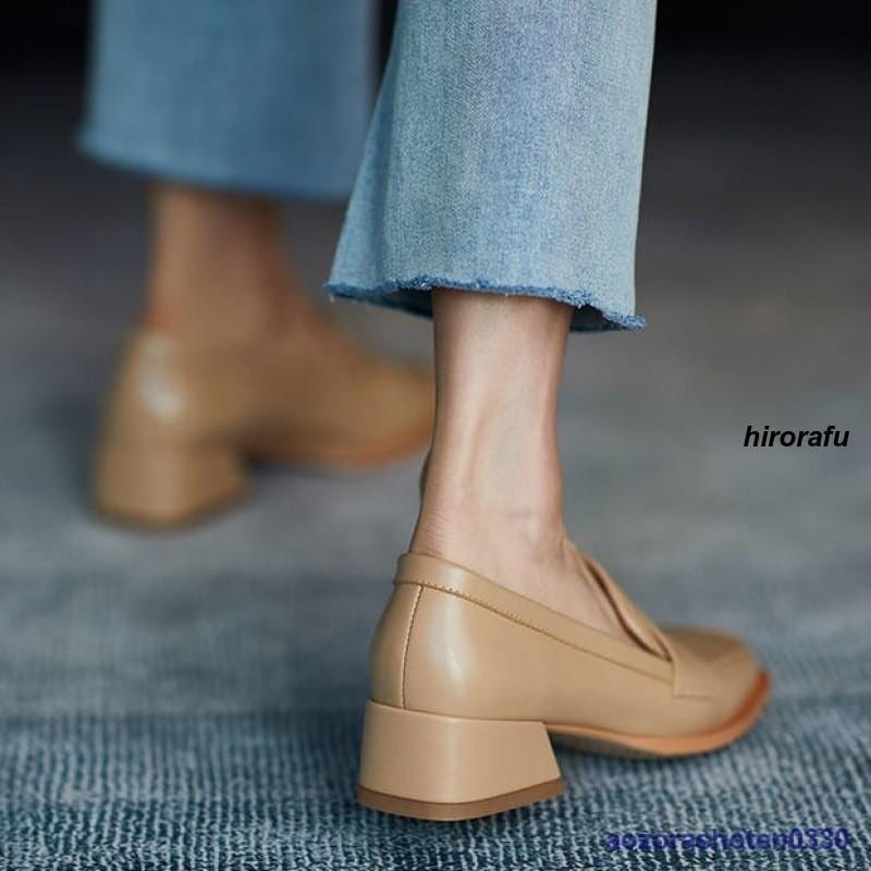 ローファー レディース ヒール 軽い スクエアトゥ 痛くない コインローファー アイボリー キャメル ブラック 6サイズ展開