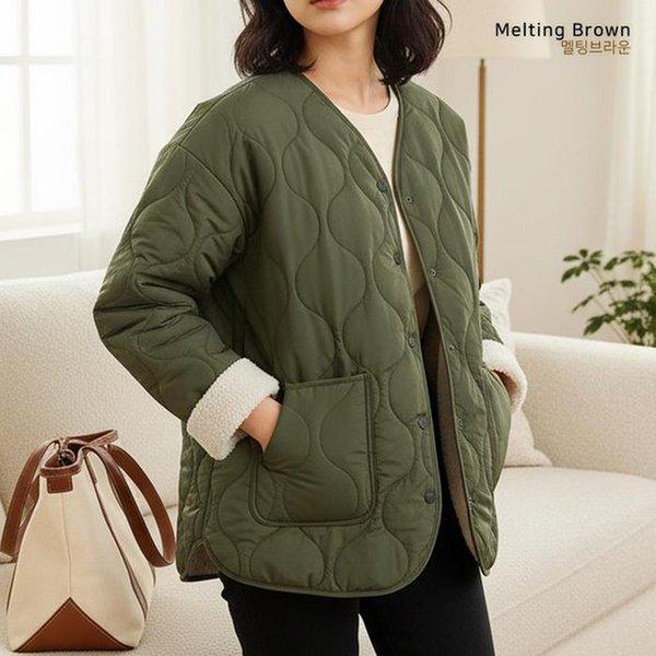 女性ルーズフィットノーカラーラムウールパッド入りジャケットGM25