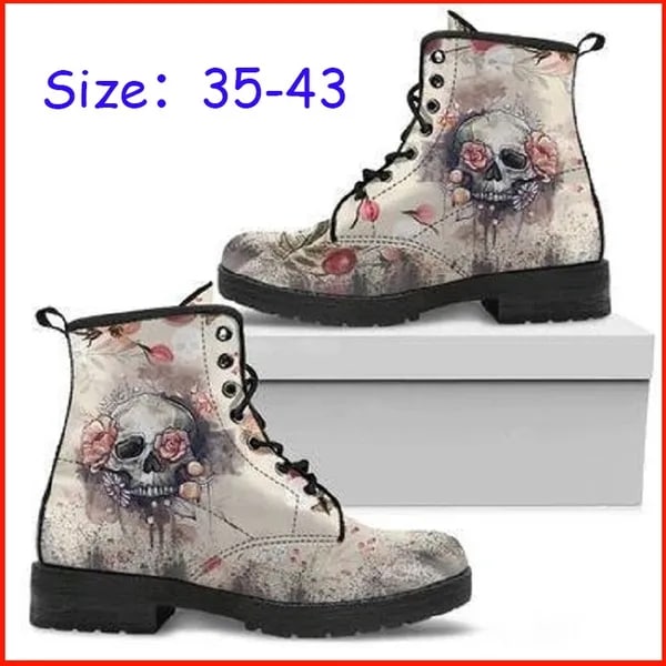 Womens Fashion Skull and Roses Print Hiking Boots Vegan Leather Combat Style Boots Boots