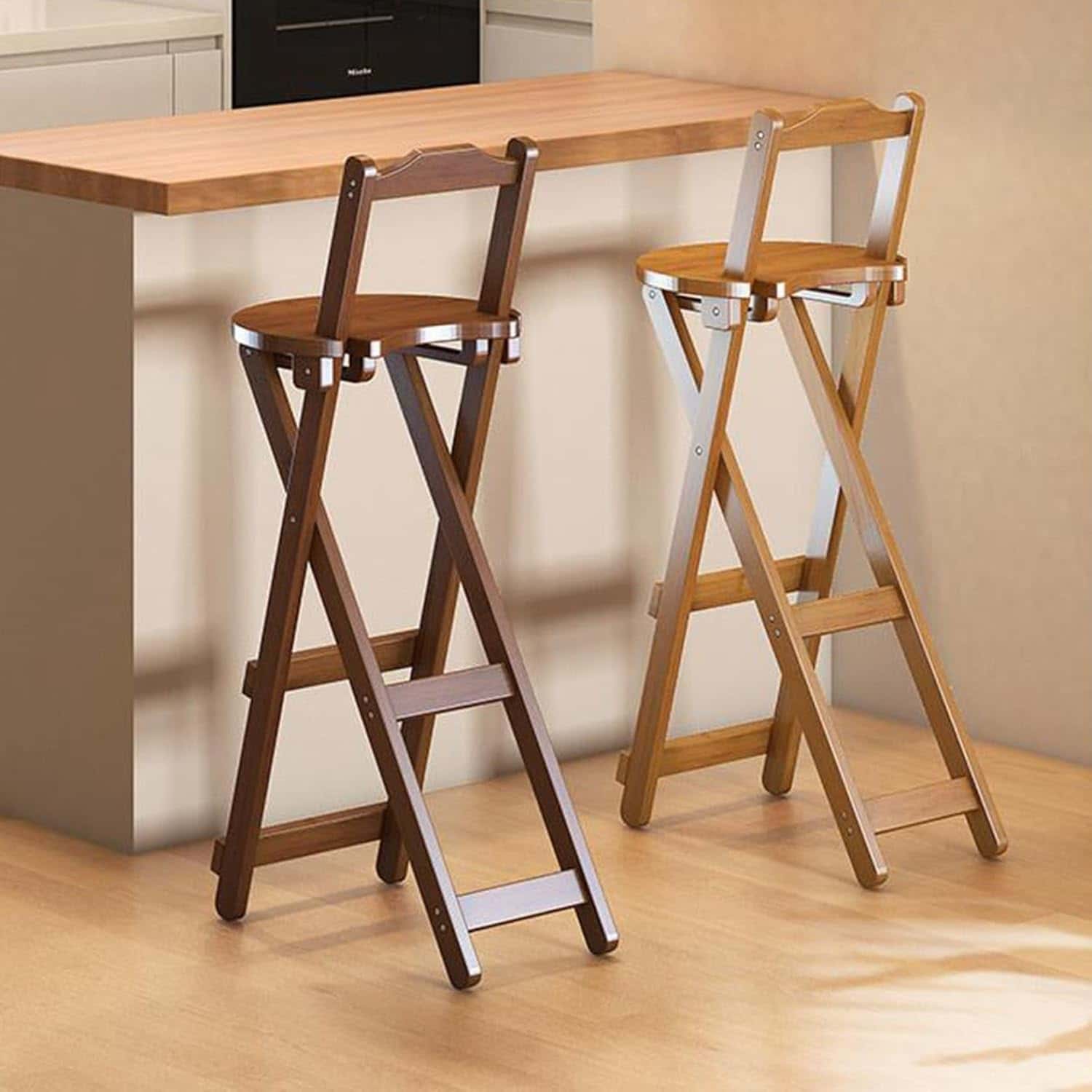 折りたたみチェア ハイスツール カウンターチェア バーチェア 背付き 家庭用 キッチン バー 喫茶店 ダイニングチェア コンパクト収納 組立不要 木製 安定性 角丸加工 竹製 完成品 茶色 サイズ: