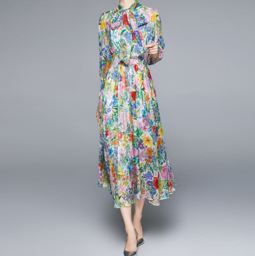 ワンピース 上着 人気 おすすめ おしゃれ お洒落 激安 安い プチプラ 長袖 ロング ハイネック ウエスト 柄 ボリュームスリーブ ロングスカートプリント 花柄 リボン 可愛い lone0