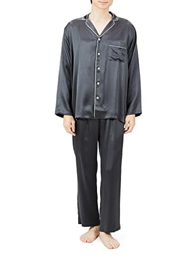 パジャマ KAIMINNAVI 快眠ナビ シルク100% 長袖長パンツ シルクサテン メンズ チャコ-ルグレ_NEWモデル M
