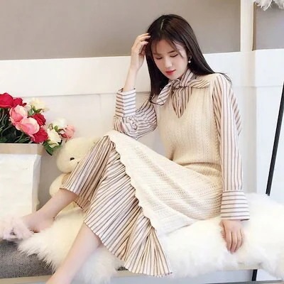 セットアップ 秋冬 レディース セーターワンピース 2点セット ニットセーター ストライプ シャツワンピ ニットアップ キレイめ おしゃれ 20代 30代