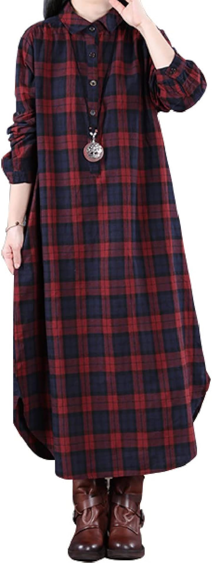 ロングシーズン着まわせるチェックワンピース レディース ロング丈 ゆったり サイズ 薄手 長袖 ロングワンピース 大きいサイズ カジュアル かわいい(レッド, XL)