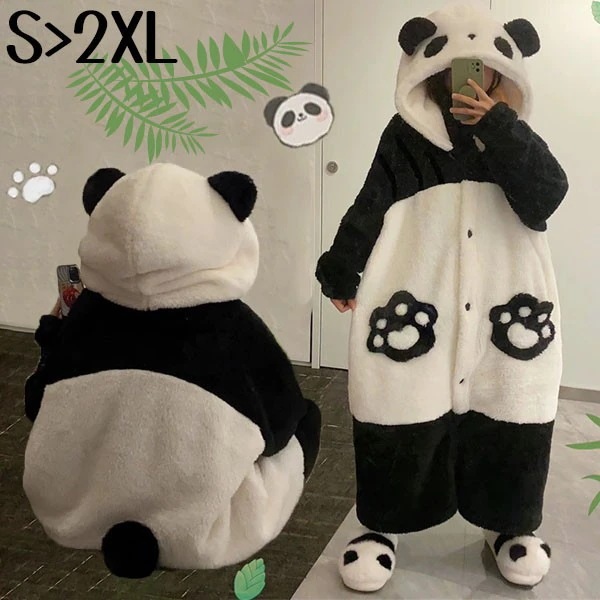 パンダ ウェア もこもこ パジャマ 長袖 ナイトガウン 着る毛布 大きいサイズ 前開き フード付き 寝巻き 部屋着 暖かい あったか 着ぐるみ モコモコ 大人用 ふわふわ 動物 レディース 2152
