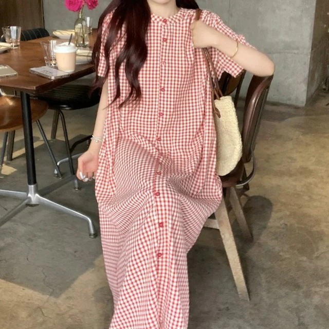 2024 春夏ワンピース シャツ ミモレ丈 Aライン 半袖 ボタン ギンガムチェック ラウンドネック ゆったり 夏 赤 レッド おしゃれ かわいい ガーリー キュート 韓国ファッション レディース お